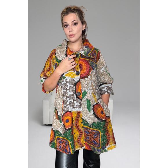Vintage Multicolour Patterned Wool Coat - mini dress with collar funky size M - Picture 5 of 7